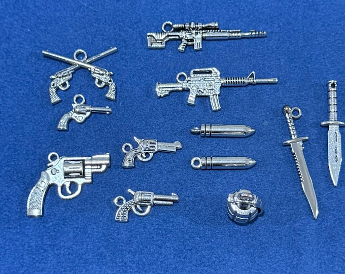 Large Silver Fantasy Retro Weapons Set Charms Pendents  ~  Set of Twelve