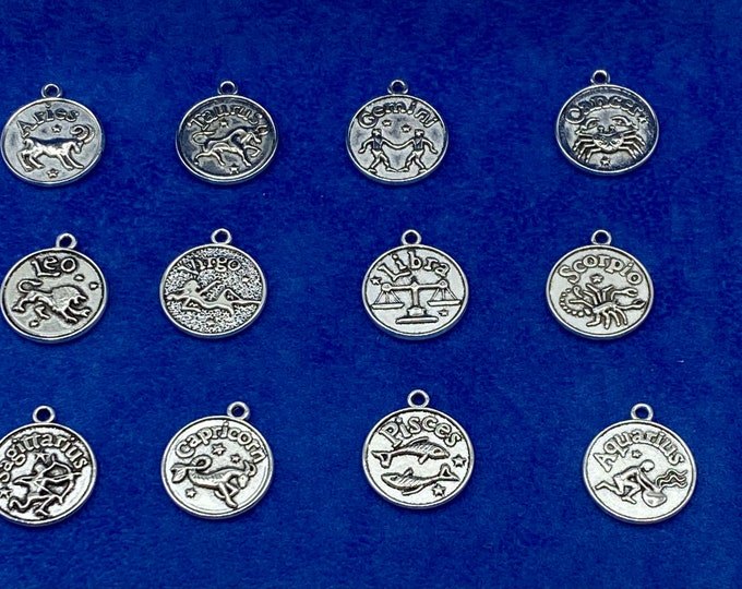Silver Astrology Symbol Set of Twelve Zodiac Star Signs Round Token Charms ~  Set of Twelve