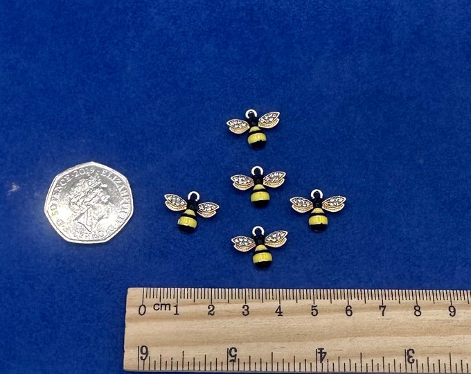 Mini Gold, Enamel and Diamanté Bumble Bees Charms and Pendants  - Set of Five