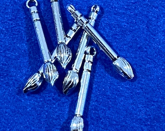 Large Silver Calligraphy Paint Brushes Charm Pendants - Set of Six