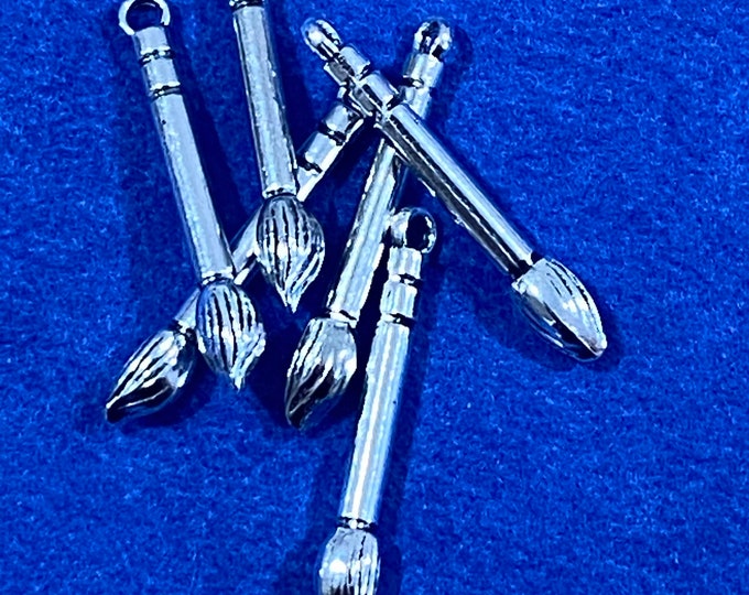 Large Silver Calligraphy Paint Brushes Charm Pendants - Set of Six