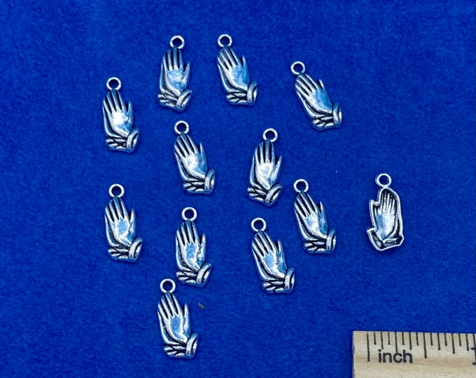 Antique Silver Praying Hands Symbol Charm Pendants ~ Set of Twelve