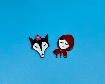 Large Little Red Riding Hood & Wolf Acrylic Set - Charm Pendant - Pair