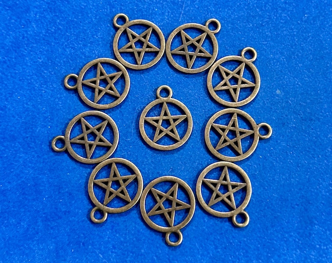 Medium Antique Bronze Pentagram,Pentangle, Pentacle Pendant Charms ~ Set of Ten