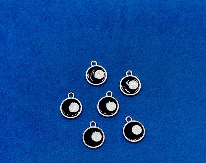 Lucky 8 Pool Ball Silver with Black Enamel Charms and Pendants - Set of Six