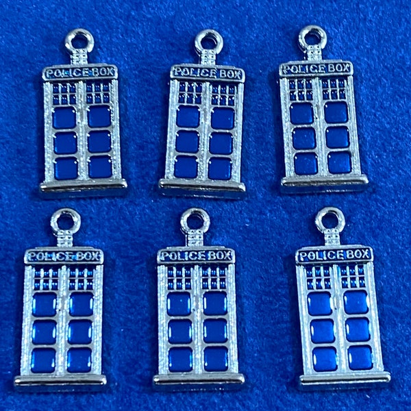 Police Telephone Box Kiosk Dr Who's TARDIS ~ Blue Enamel Charm Pendants ~ Set of Six