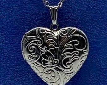 Silver Heart Shaped Photo Locket, Polished Stainless Steel Floral Engraved Pattern with Silver Necklace.