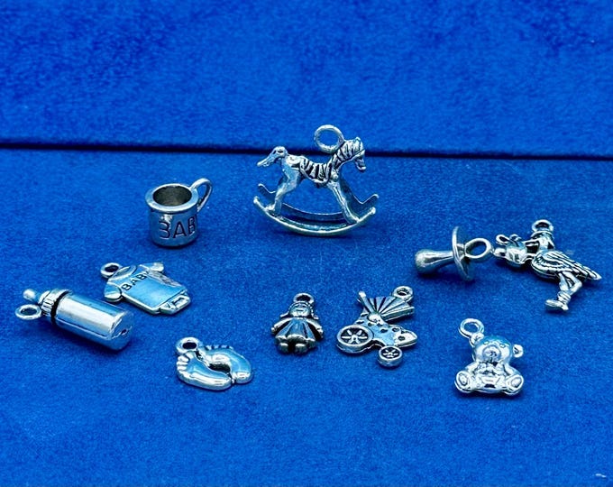 Silver New Baby Christening Baby Shower Set of Charm Pendants - Set of Ten
