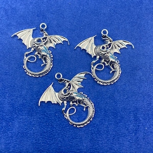 Large Antique Silver Winged Dragon Charm Pendant ~ Set of Three