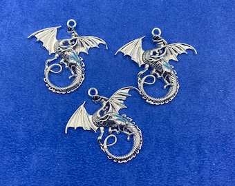 Large Antique Silver Winged Dragon Charm Pendant ~ Set of Three