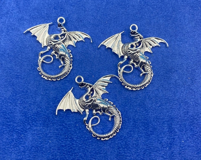 Large Antique Silver Winged Dragon Charm Pendant ~ Set of Three