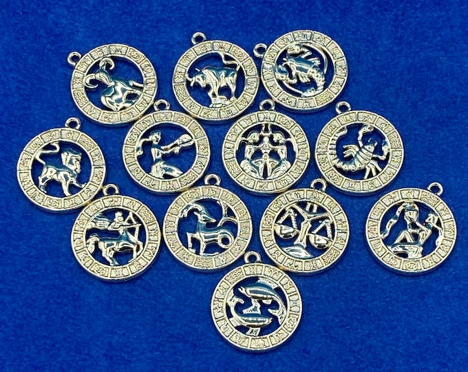 Set of 12 Zodiac Sign Round Charms with Cut Out Detail in Pale Gold Plate  - Set of Twelve