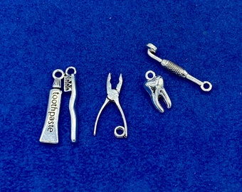 Silver Dentist Dental Hygiene and Nurse Set of Tools Charms and Pendants - Set of Five