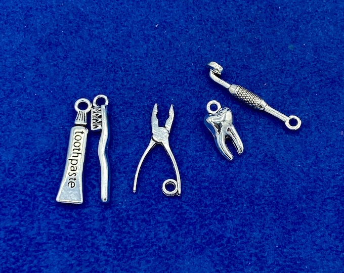 Silver Dentist Dental Hygiene and Nurse Set of Tools Charms and Pendants - Set of Five