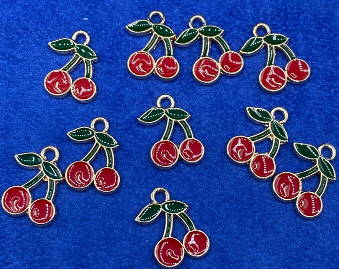 Juicy Bright Red Retro Cherries Enamel and Gold Charm Pendants ~ Set of Ten