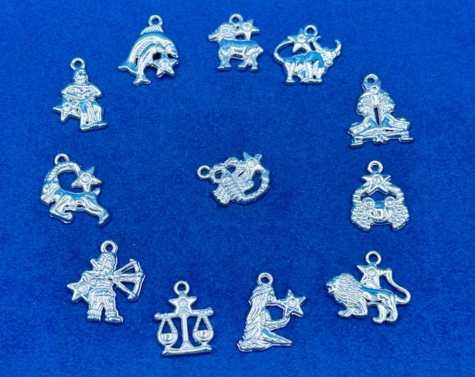 Bright Silver Astrology Symbols A Set of Twelve Signs of the Zodiac Charm Pendants - Set of Twelve