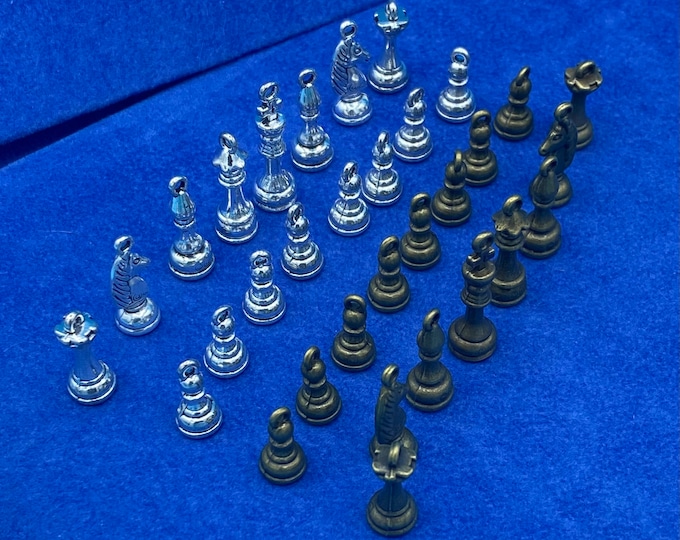 A Full Chess Set of Silver and Antique Bronze Chess Pieces Charm and Pendants  - Set of Thirty Two