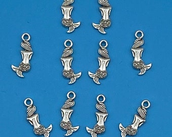 Small Bright Silver Sitting Down Mermaid Charm Pendants - Set of Ten