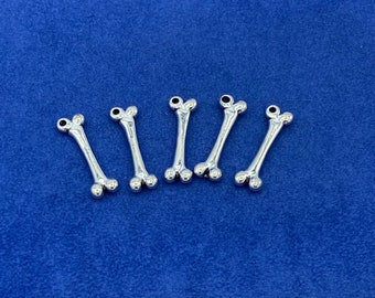 Large Silver Human Tibia Leg or Humerus Arm Bone Charm Pendants - Set of Five.