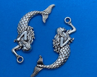 A Large Pair of Traditional Mermaids Pendant Charms with Antique Silver Finish.