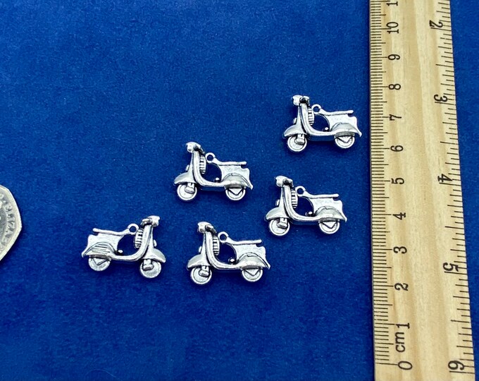 Silver Vintage Retro Vespa Moped Bike Scooter Charm Pendants ~ Set of Five