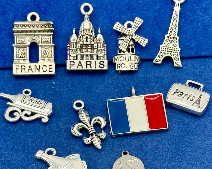 Silver Iconic French Paris France Charms and Pendants  - Set of Ten