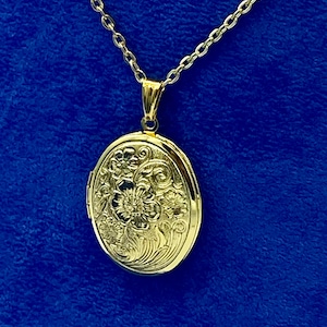 Bright Yellow Gold Oval Photo Locket with Traditional Art Nouveau Floral Design with Necklace.