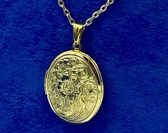 Bright Yellow Gold Oval Photo Locket with Traditional Art Nouveau Floral Design with Necklace.