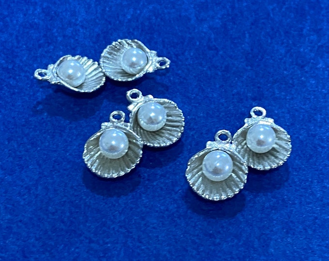 Silver Oyster Clam Seashell with Pearl Charm Pendants ~ Set of Six.
