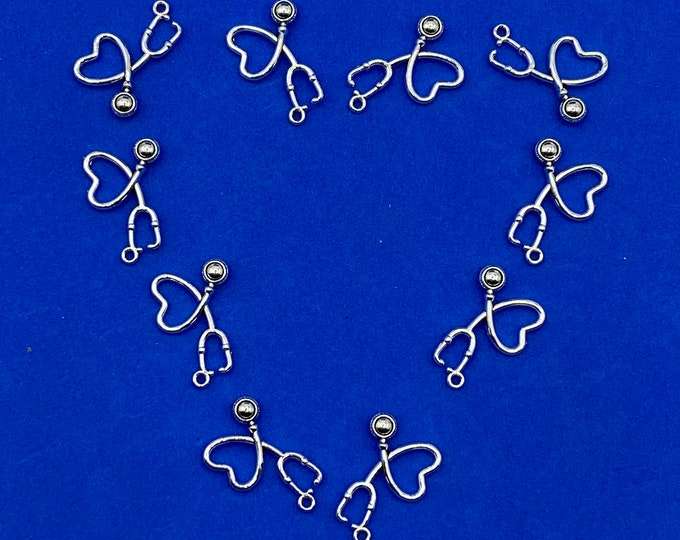 Silver Stethoscope heart shaped Charm Pendants ~ Set of Ten