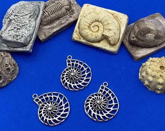 Large Silver Ammonite Fossil Shell Charm Pendants ~ Set of Three
