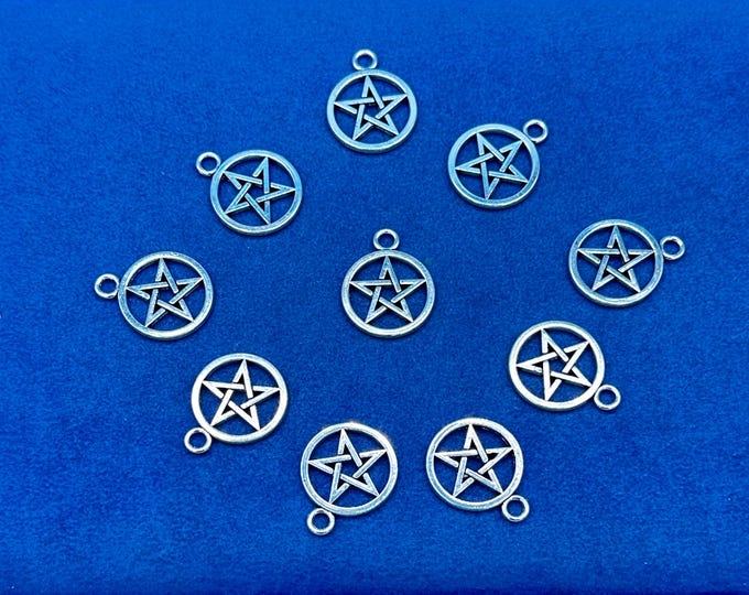 Large Antique Silver Finish Pentagram Pendant Charm ~ Set of Ten