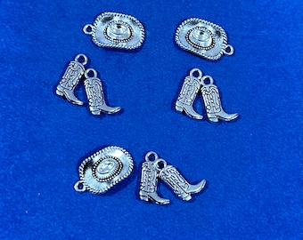 Silver Cowboy and Cowgirl Boots & Hats Charm Pendants  ~ Set of Nine