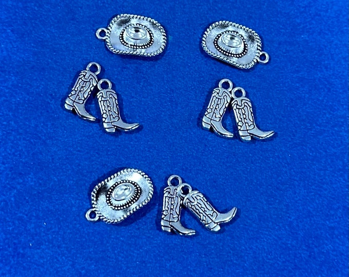 Silver Cowboy and Cowgirl Boots & Hats Charm Pendants  ~ Set of Nine