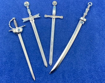 Large Silver Fantasy Weapons Traditional Replica Miniature Swords Charm and Pendants - Set of Four