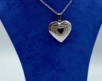 Stainless Steel Heart Shaped Photo Locket with Floral Pattern Edge complete with Necklace