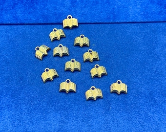 Small Bright Gold  Open Book Charm Pendants ~ Set of Twelve