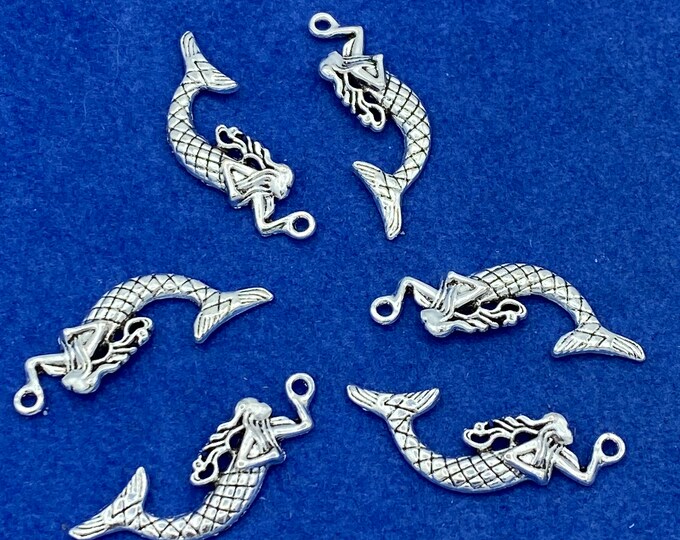 Medium Size Silver Mermaid Charms and Pendant - Set of Six