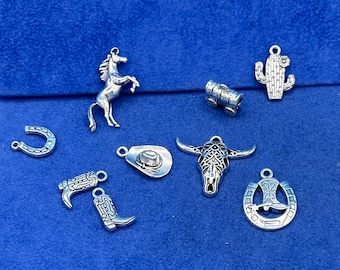 Silver Western Charms and Pendants: Cowboy, Cowgirl Set of 9