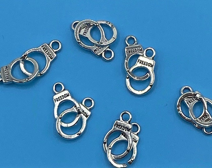 Small Silver Handcuffs with ‘Freedom’ Pendant Charms ~ Six Pairs