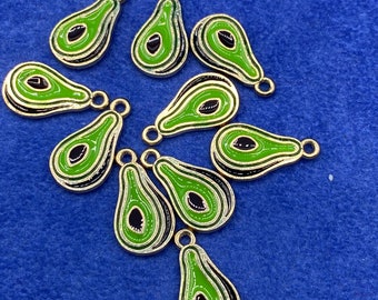 Mini Green Enamel and Gold Avocado Pear Charm Pendant ~ Set of Ten