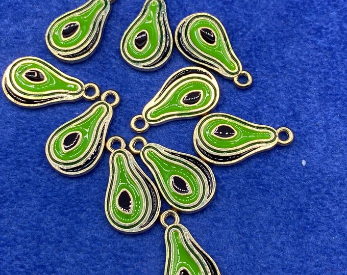Mini Green Enamel and Gold Avocado Pear Charm Pendant ~ Set of Ten