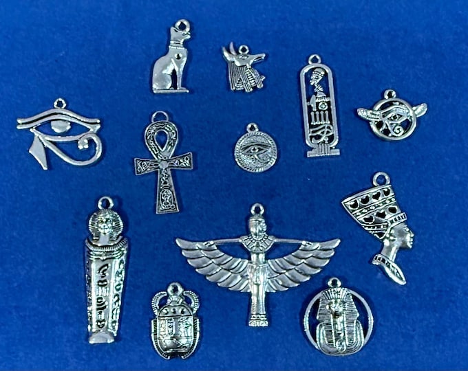 Silver Egyptian Charms: Tutankhamen, Nefertiti, Anubis - Set of 12