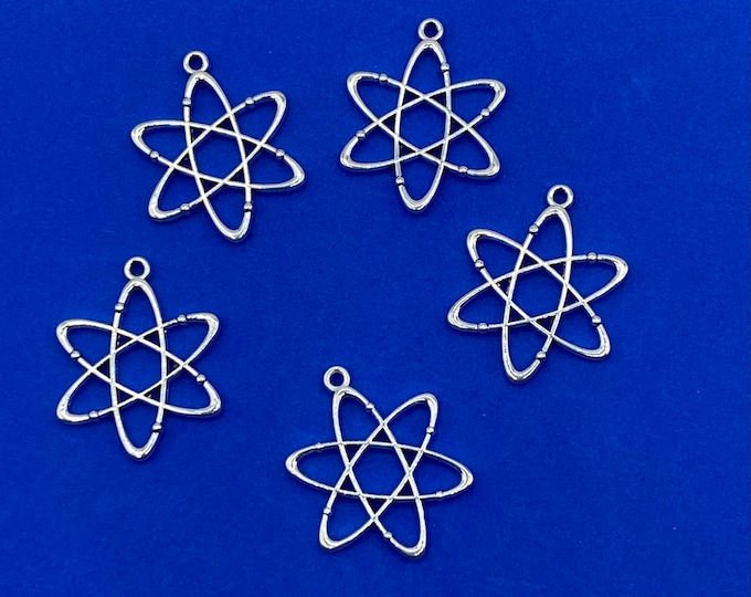 Large Silver Rutherford Atomic Model Charm Pendants -  Set of Five