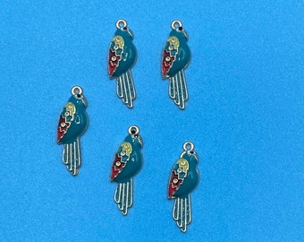 Colourful Blue and Gold Enamel Parrot Charm Pendent - Set of Five