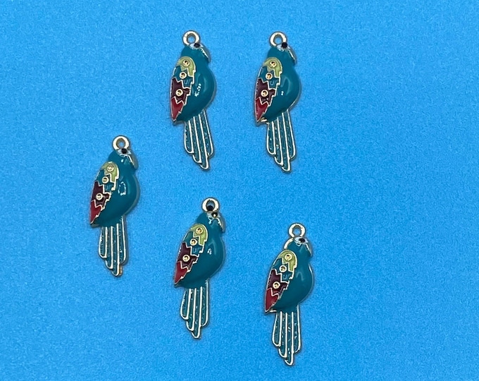 Colourful Blue and Gold Enamel Parrot Charm Pendent - Set of Five