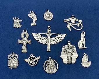 Silver Egyptian Charms: Tutankhamen, Nefertiti, Anubis - Set of 12