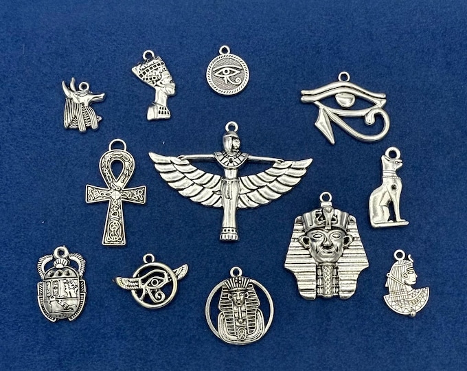 Silver Egyptian Charms: Tutankhamen, Nefertiti, Anubis - Set of 12