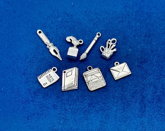 Silver Writing & Journalism Charms: Typewriter, Notebook, Pen Set