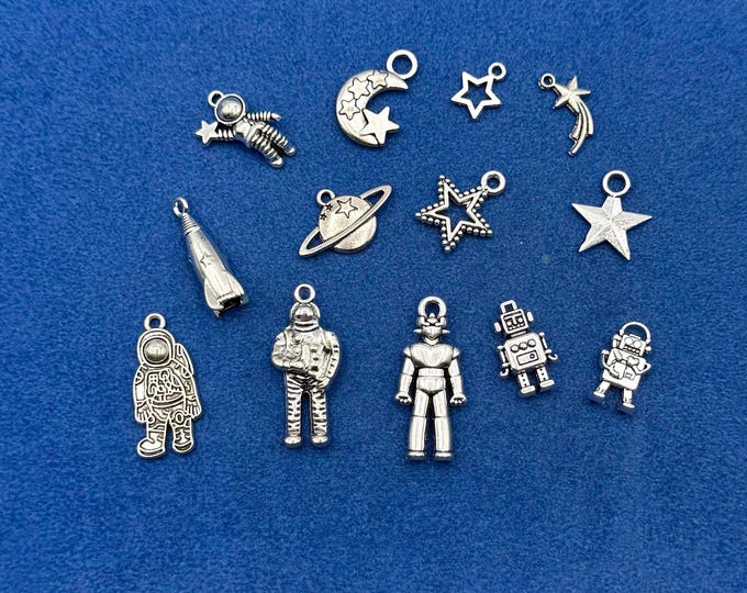Space Sci-fi Mix Silver Astronaut Spaceman Charm Pendants ~ Set of Thirteen
